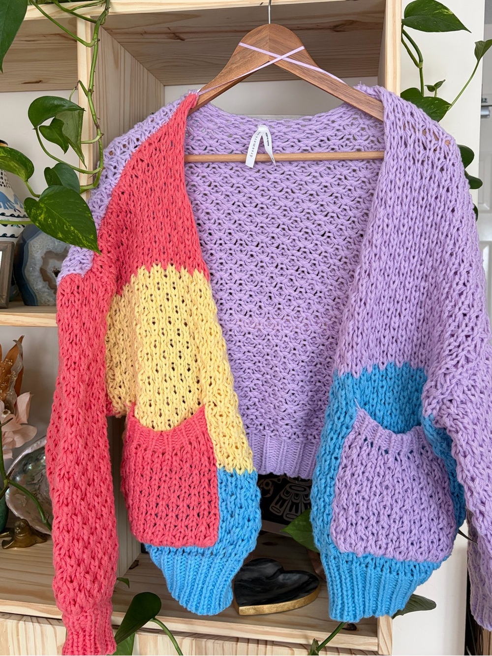 Dreamers Colorblock Open Cardigan Sweater - Lavender, Coral, Yellow, Blue